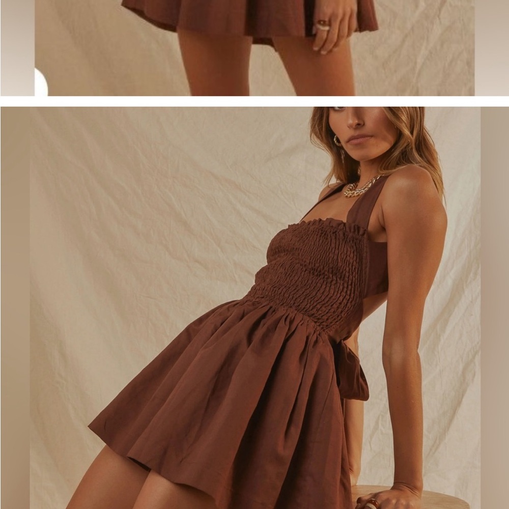 Peppermayo European Towns Smocked Tie Linen Mini Dress in Chocolate Brown